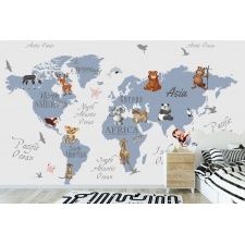 Fototapeta dla dzieci na wymiar mapa świata, małpki, panda, słonik dwk295