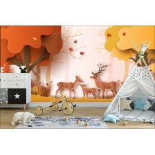Fototapeta do pokoju dziecięcego kolorowe góry, kolorowe jelenie, kolorowy las dwk088