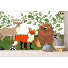 Fototapeta do pokoju dziecięcego leśne zwierzęta, lis, jeleń, wilk, zajączki, polana dwk090