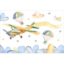 Fototapeta do pokoju dziecięcego kolorowy samolot, kolorowe chmurki, kolorowe balony dwk167