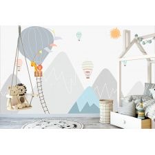 Fototapeta do pokoju dziecięcego lew i żyrafa w balonie, lot balonem, balony, góry dwk239