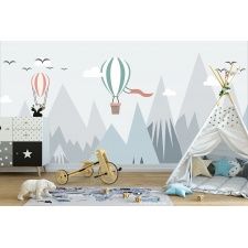 Fototapeta do pokoju dziecięcego balony, baloniki, ptaki, góry dwk240