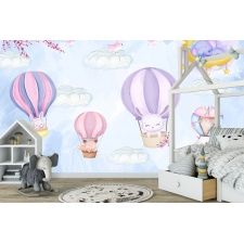 Fototapeta do pokoju dziecięcego słonik śpiący na księżycu, balony, lot balonem, ptaszki dwk242