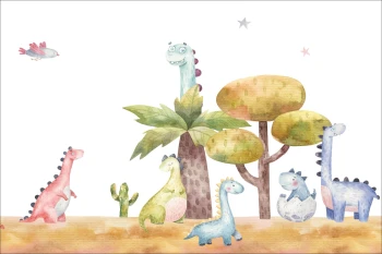 Fototapeta dla dzieci kolorowe dinozaury, palma dwk195