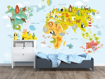  Fototapeta dla dzieci kolorowa mapa świata, kolorowe kontynenty dwk302