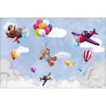 Fototapeta dla dzieci na wymiar miś z balonami, baloniki, samoloty dwk106