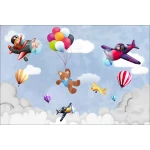  Fototapeta dla dzieci na wymiar miś z balonami, baloniki, samoloty dwk106