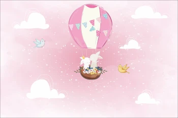  Fototapeta dla dzieci na wymiar  zajączki w balonie, różowy balon, ptaszki dwk210