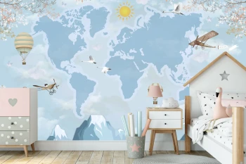  Fototapeta dla dzieci na wymiar mapa świata, balony, góry dwk289
