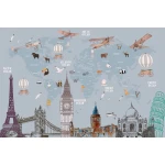  Fototapeta dla dzieci na wymiar mapa świata, Big Ben, Wieża Babel , Wieża Eiffla, samoloty dwk294