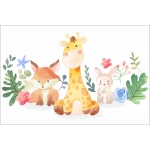 Fototapeta do pokoju dziecięcego żyrafa, lisek, zajączek, kwiatki, polana dwk091