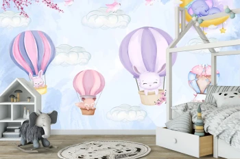  Fototapeta do pokoju dziecięcego słonik śpiący na księżycu, balony, lot balonem, ptaszki dwk242