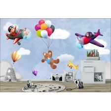 Fototapeta dla dzieci na wymiar miś z balonami, baloniki, samoloty dwk106