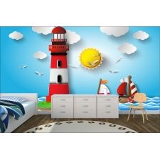 Fototapeta dla dzieci na wymiar latarnia morska, morze, statki, słoneczko dwk109