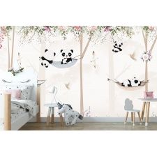 Fototapeta dla dzieci pandy, pandy w hamakach, kolorowe kwiaty dwk330
