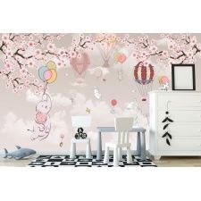 Fototapeta do pokoju dziecięcego kolorowe balony, baloniki, słonik, kwiat wiśni dwk244