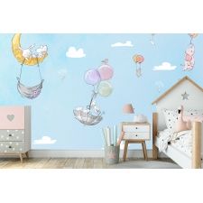Fototapeta do pokoju dziecięcego księżyc, zajączki, balony, słonik, parasolka dwk247