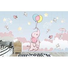 Fototapeta do pokoju dziecięcego różowy słonik, różowe balony, chmurki, gwiazdki dwk250