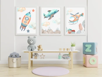  Zestaw 3 plakatów do pokoju dziecięcego rakieta, helikopter mp055