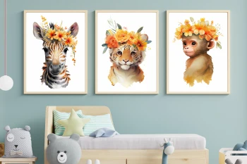  Zestaw 3 plakatów do pokoju dziecięcego małpka, zebra, tygrysek mp077