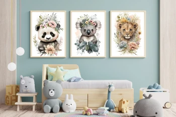  Zestaw 3 plakatów do pokoju dziecięcego koala, panda, lew mp131