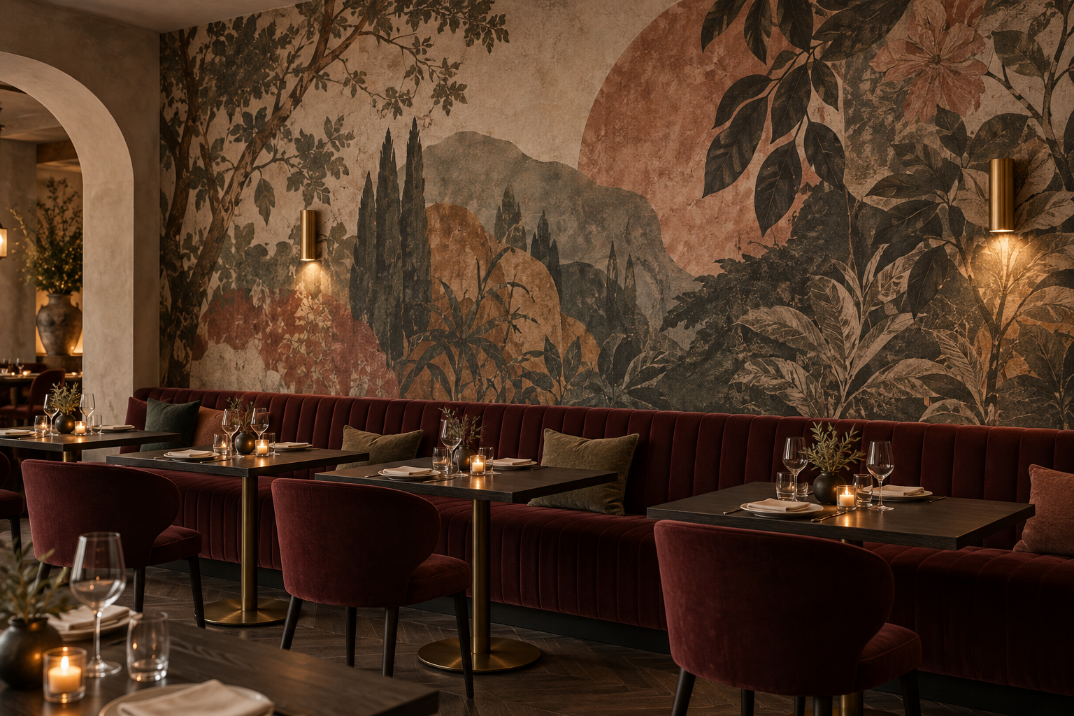 Koncepcyjna wizualizacja restauracji z fototapetą na wymiar