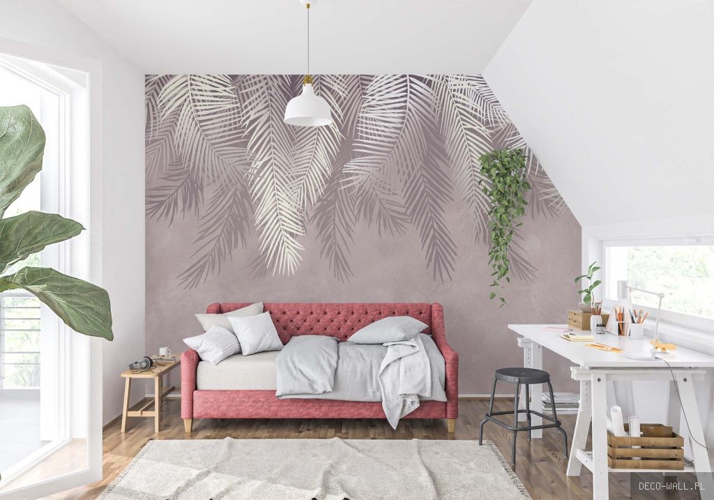 Pudrowa fototapeta z warstwowymi cieniami palm