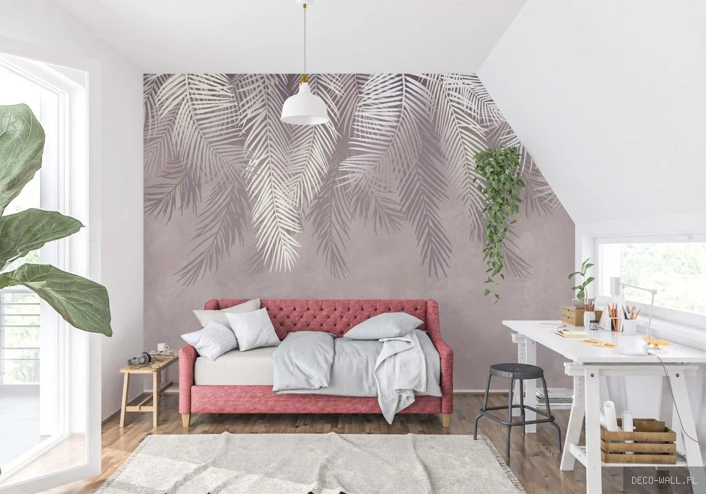 Pudrowa fototapeta z warstwowymi cieniami palm