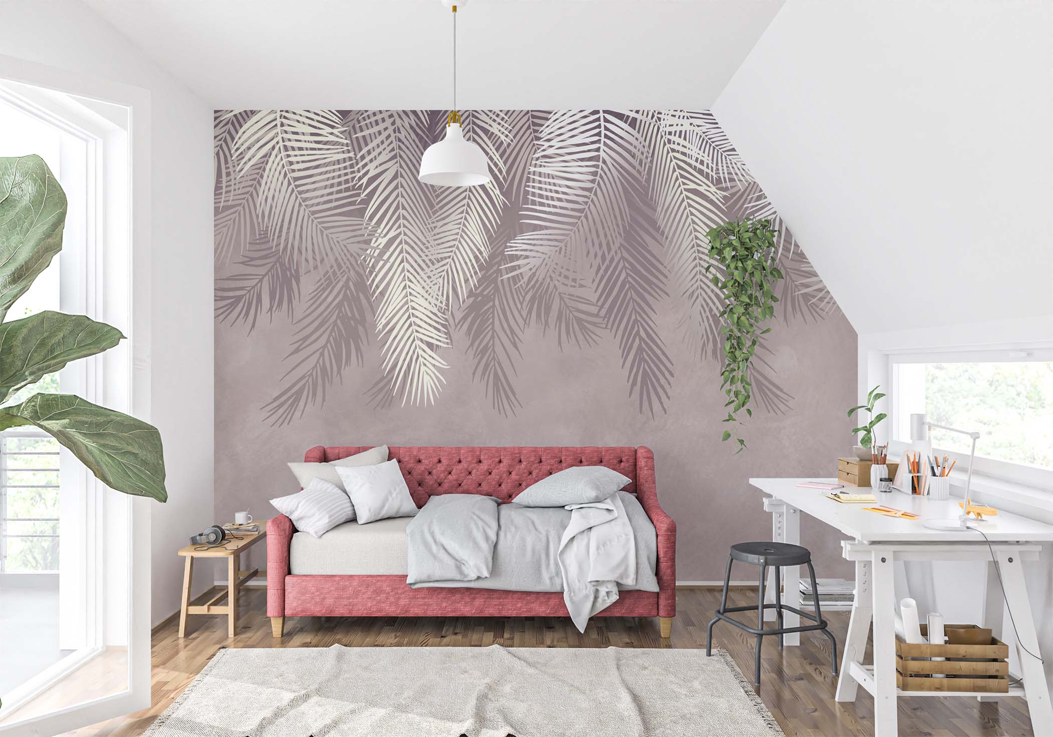 Pudrowa fototapeta z warstwowymi cieniami palm