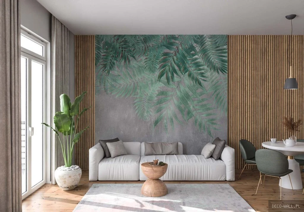 Ciemnozielona fototapeta z warstwowymi liśćmi palm
