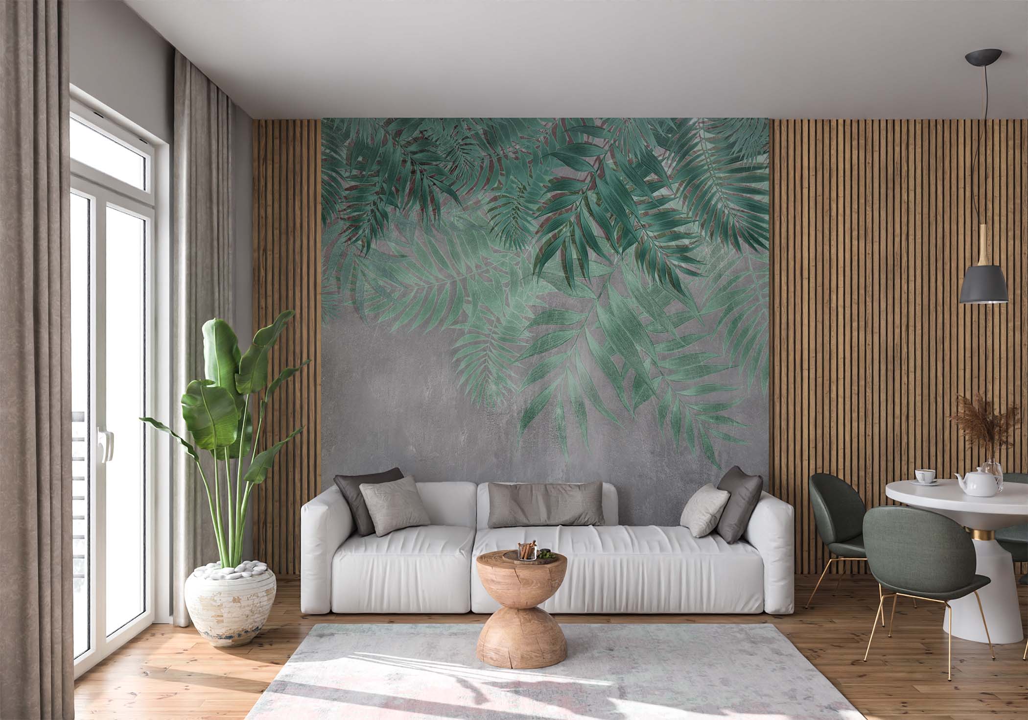 Ciemnozielona fototapeta z warstwowymi liśćmi palm