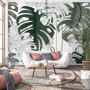 Fototapeta Kreskowa Monstera: Wielkoformatowe liście monstery w zieleni, prowadzone graficzną, białą kreską.