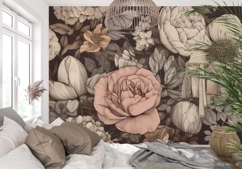Ciemna fototapeta Herbarium Noir z dużymi kwiatowymi rycinami
