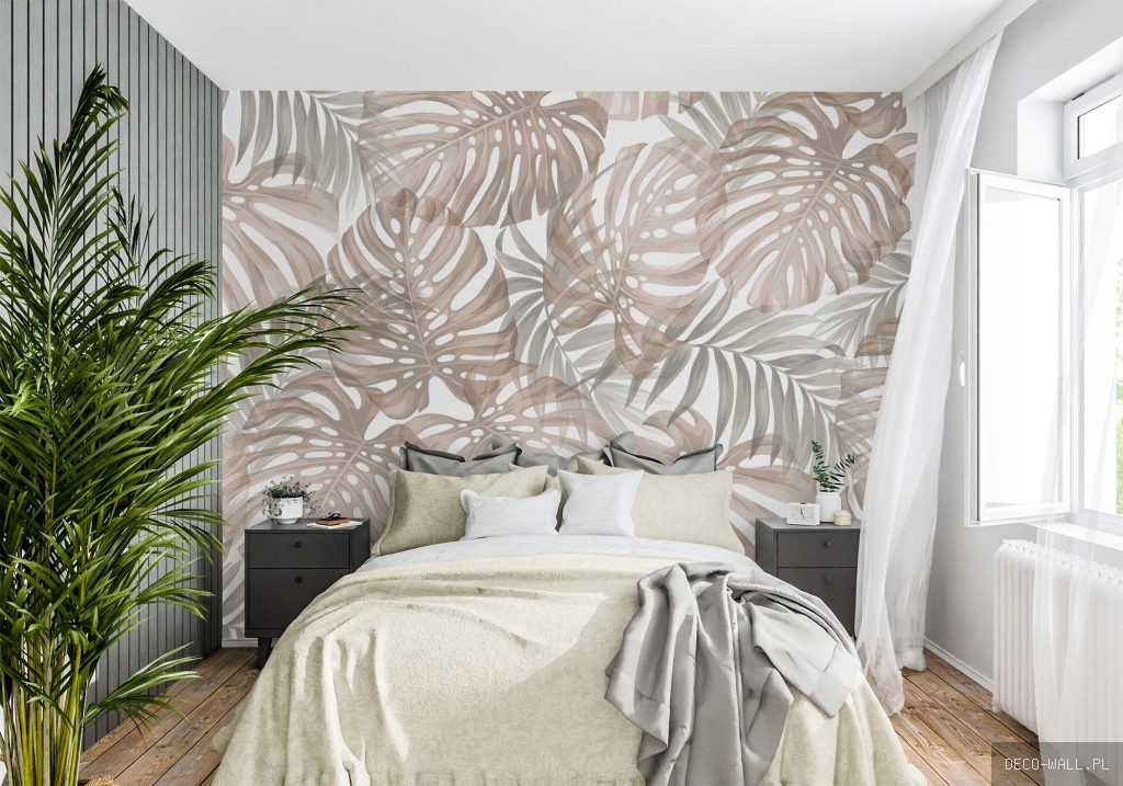 Neutralna fototapeta Monstera Nude z beżowymi liśćmi