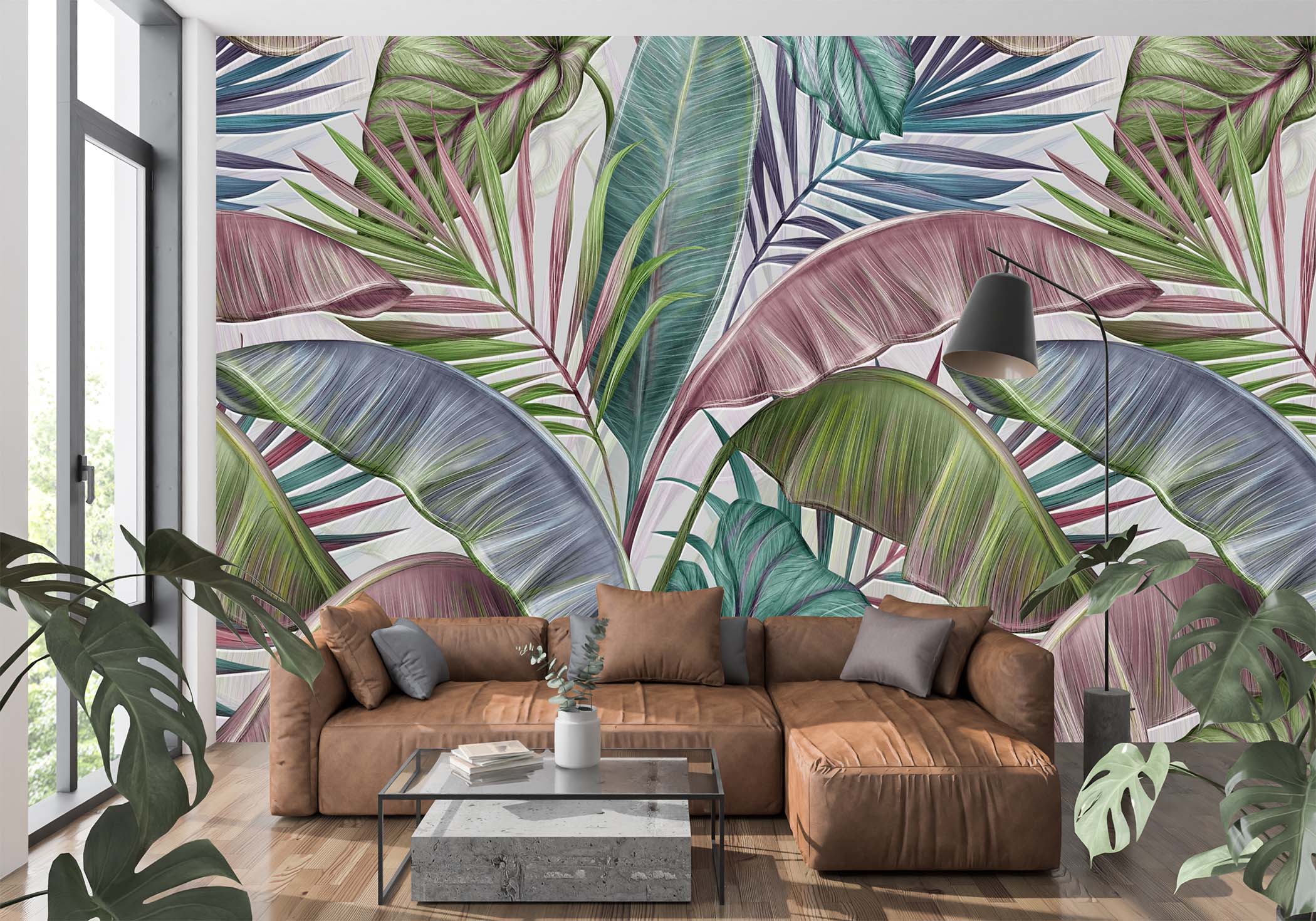 Kolorowa fototapeta Tropikalny Ametyst z dużymi liśćmi