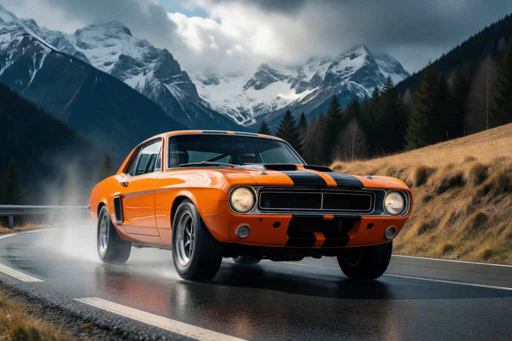 Pomarańczowy klasyczny muscle car z czarnymi pasami na mokrej górskiej drodze, w tle ośnieżone szczyty.
