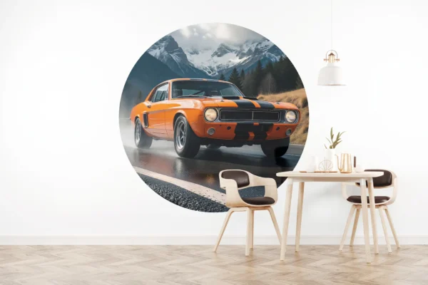 nd001n_mockup Naklejka koło samochód Pomarańczowy Muscle w Górach we wnętrzu – wizualizacja
