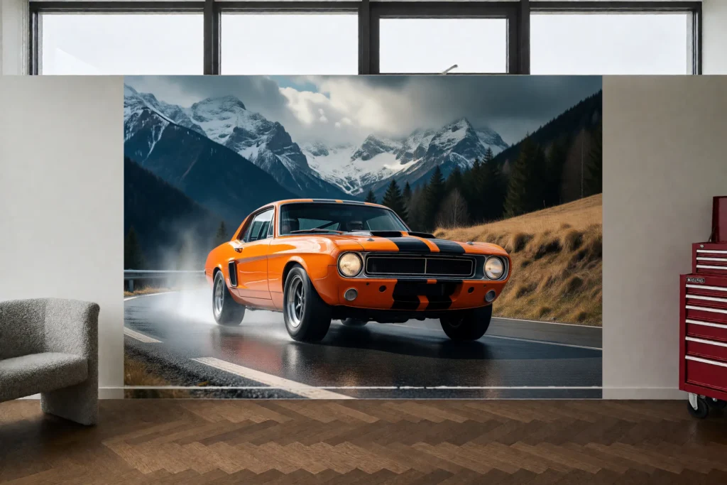 Pomarańczowy klasyczny muscle car z czarnymi pasami na mokrej górskiej drodze, w tle ośnieżone szczyty.