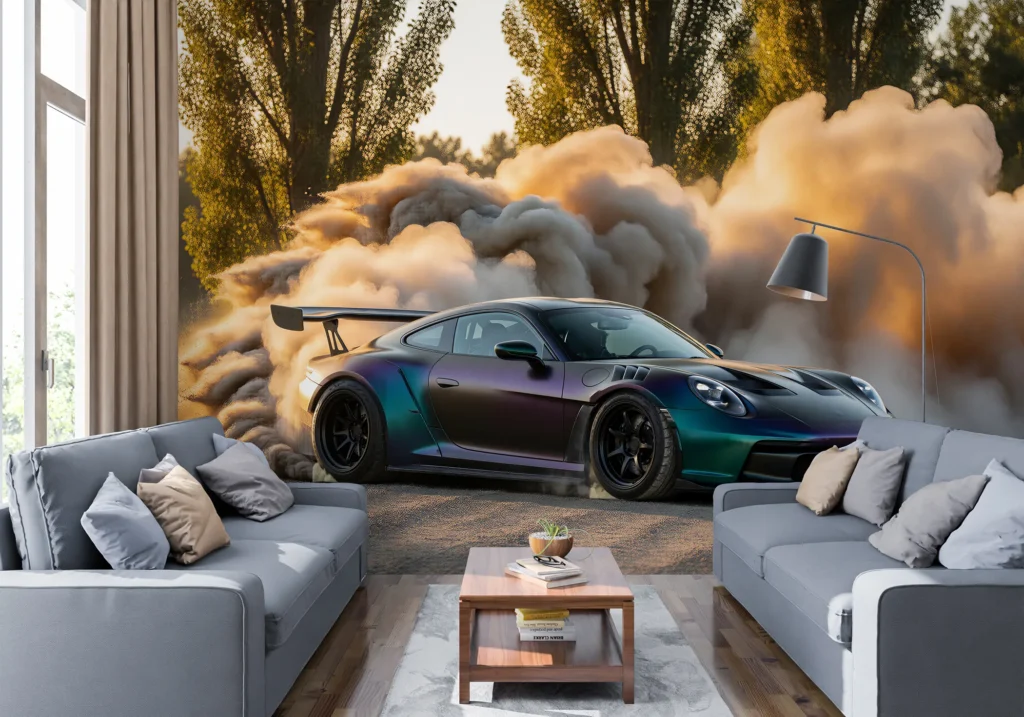 Sportowe coupe w lakierze zmieniającym kolor od grafitu do turkusu, w drifcie wśród kłębów złotego pyłu na leśnej drodze.
