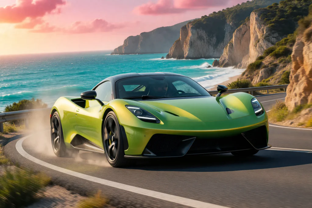 Limonkowe auto sportowe na nadmorskiej serpentynie, w tle klify i turkusowe morze pod różowym niebem.