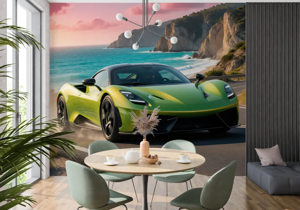 Limonkowe auto sportowe na nadmorskiej serpentynie, w tle klify i turkusowe morze pod różowym niebem.
