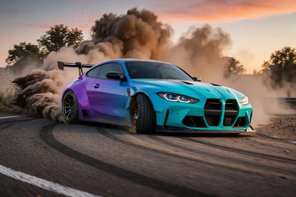 BMW w turkusowo-fioletowym lakierze w drifcie, w kłębach dymu i pyłu na torze o zachodzie.