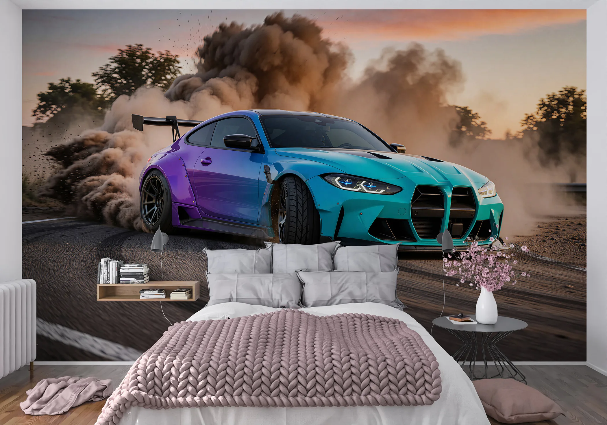 Fototapeta BMW w Drifcie, Turkus i Fiolet w eleganckim wnętrzu