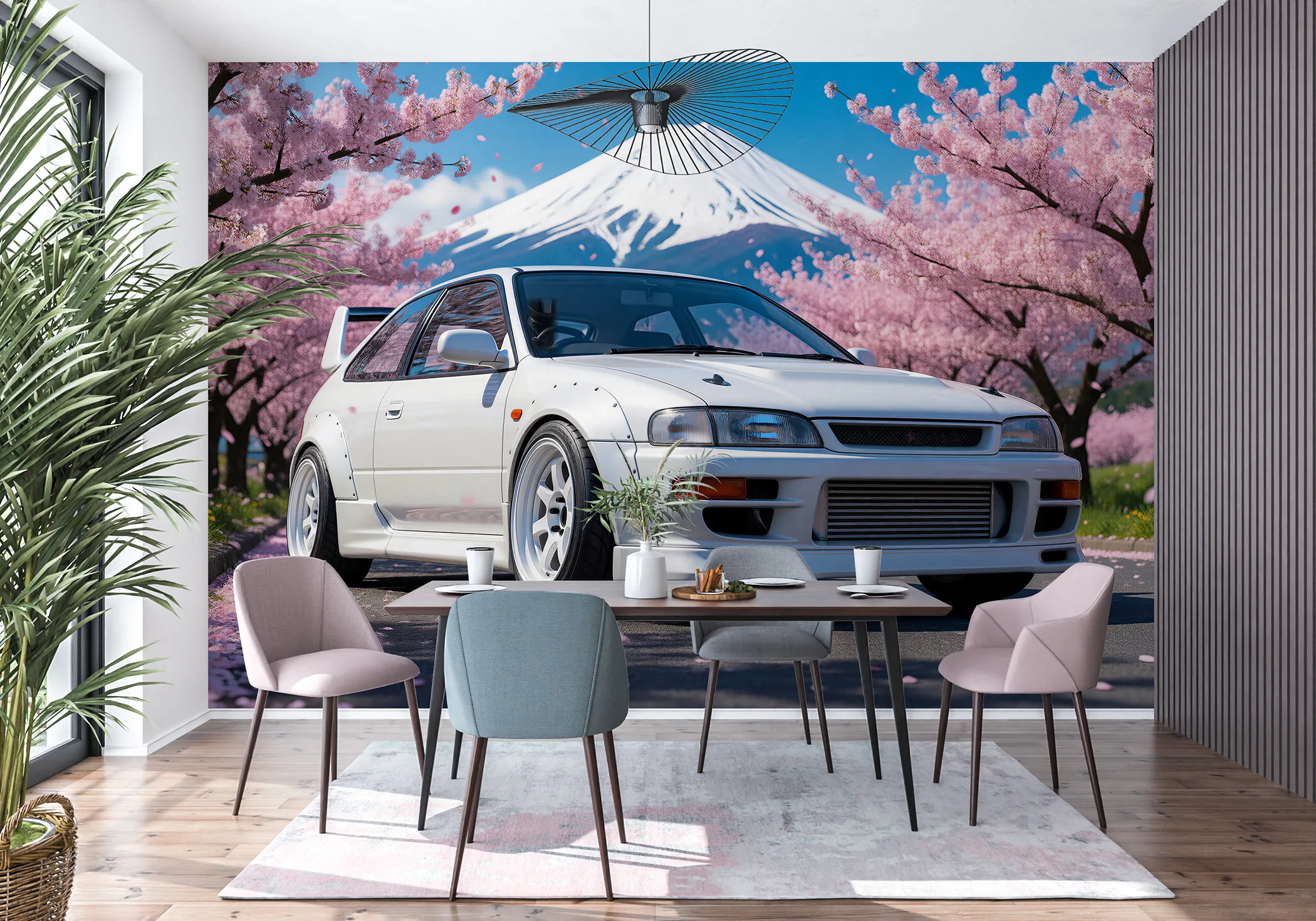 Fototapeta Biały Hatchback pod Wulkanem w eleganckim wnętrzu