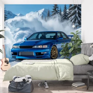 Fototapeta samochód Niebieski Sedan w Śniegu: Niebieski sportowy sedan ze złotymi felgami w tumanach śniegu na zimowej drodze w górach.