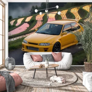 nd016w1 Fototapeta samochód Żółty Hatchback i Tarasy Ryżowe: Żółty sportowy hatchback na górskiej drodze nad tarasami ryżowymi w złotym świetle.