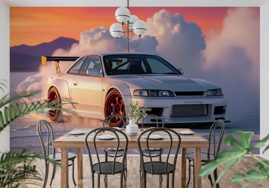 Białe coupe time attack z czerwonymi felgami na popękanej solnej równinie, w chmurach dymu o zachodzie.