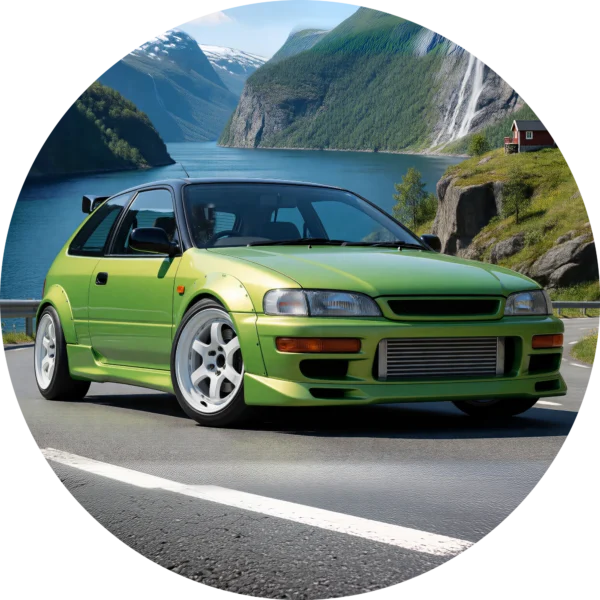 Naklejka koło Limonkowy Hatchback nad Fiordem – wzór Naklejka koło Limonkowy Hatchback nad Fiordem – płaski wzór