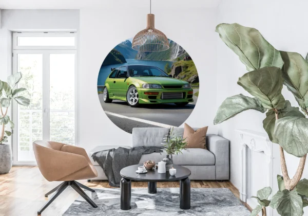 Naklejka koło samochód Limonkowy Hatchback nad Fiordem – wizualizacja Naklejka koło samochód Limonkowy Hatchback nad Fiordem we wnętrzu – wizualizacja
