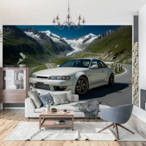 Fototapeta samochód Białe Coupe w Alpach: Białe japońskie coupe na górskiej serpentynie wśród alpejskich szczytów i lodowca.